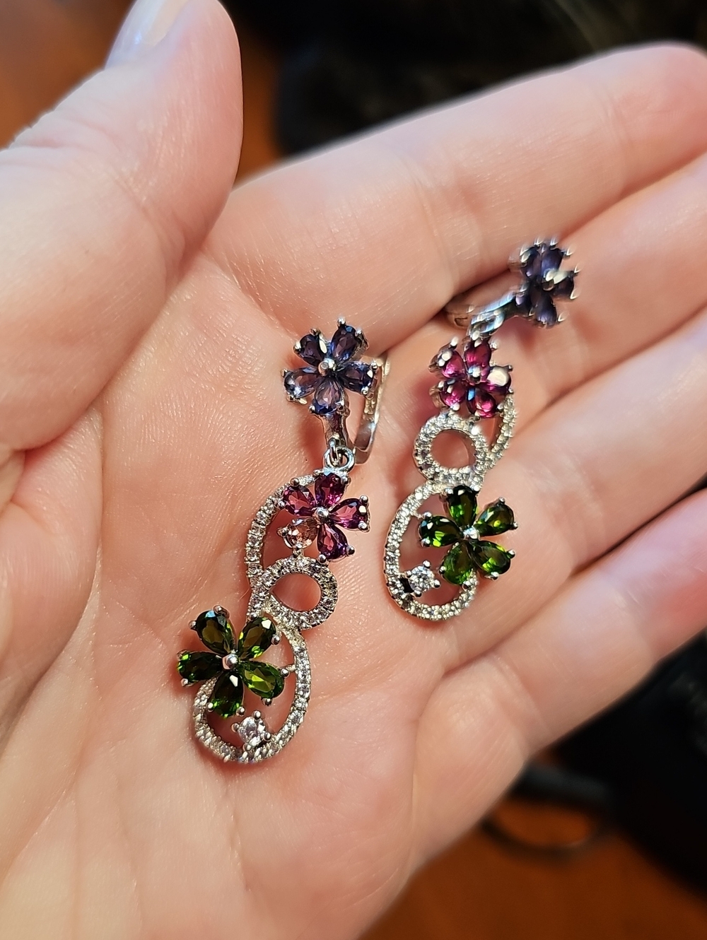 Gorgeous Sterling Real Tanzanite, Pink Tourmaline And Chrome Diopside Earrings